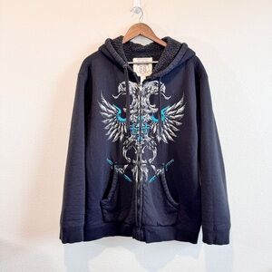 Y2K Grunge Gothic Alt Sherpa Lined Zip Hoodie Black Route 66 Graphic XL Mens
